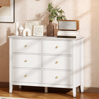 HOMCOM Fluted Dresser, 6 Drawer Chest of Drawers for Bedroom, Living Room, Hallway, Closet, White 