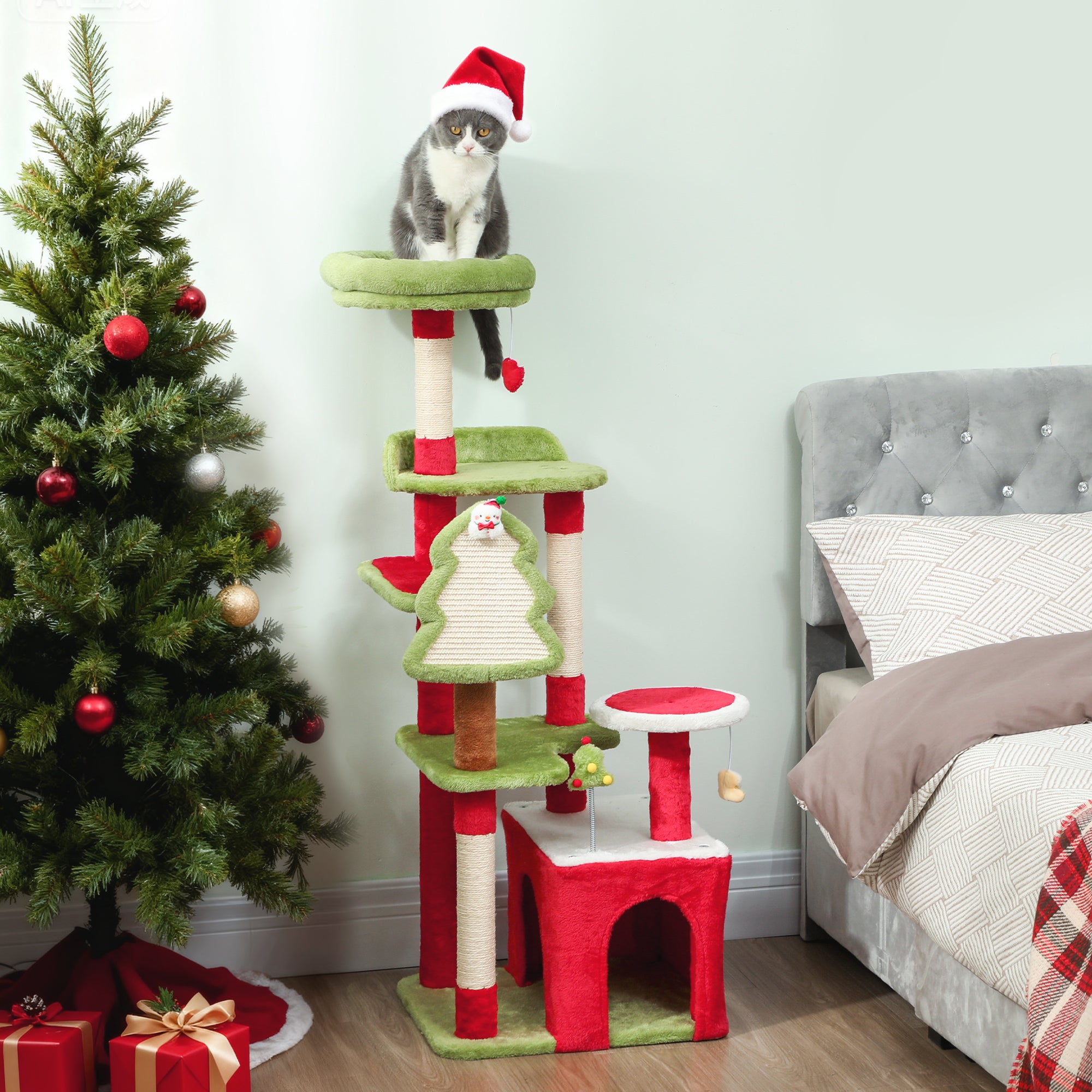 PawHut Cat Tree, 120cm Christmas Cat Tower with 3 Scratching Posts, Scratching Board, 2 Perches, Platforms, Toys, Green 