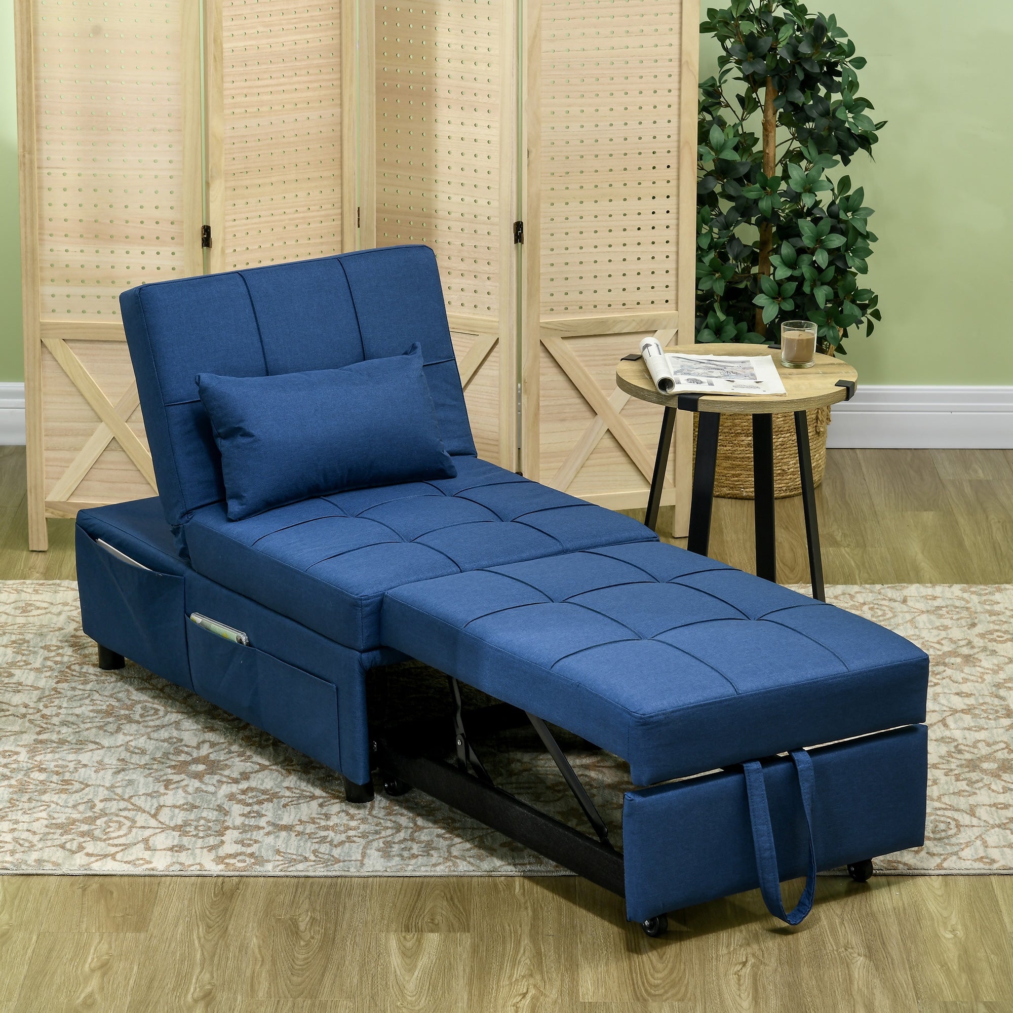 HOMCOM Convertible Chair Bed with Padding Seat, 4-in-1 Multi-Functional Sleeper Sofa Bed, Recliner with Adjustable Backrest, Side Pocket, Wheels and Pillow, for Living Room, Blue 