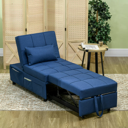 HOMCOM Convertible Chair Bed with Padding Seat, 4-in-1 Multi-Functional Sleeper Sofa Bed, Recliner with Adjustable Backrest, Side Pocket, Wheels and Pillow, for Living Room, Blue 