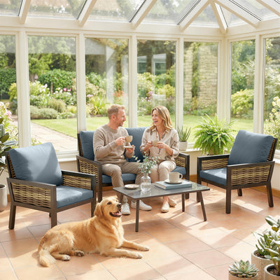 Outsunny 4 Seater Rattan Garden Furniture Set with 2 Armchairs, Loveseat, Coffee Table, Garden Sofa Set with Cushions, Grey 