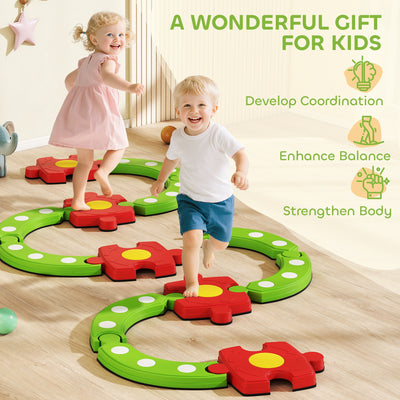 AIYAPLAY 13 PCS Kids Balance Beam Stepping Stones Set with Non-slip Textured Surface, Outdoor Indoor for Toddlers, Green 
