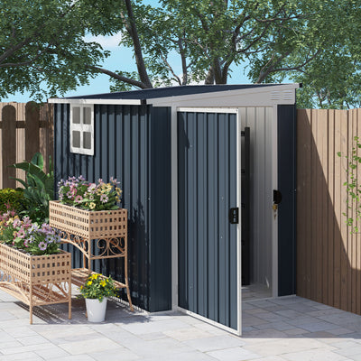 Outsunny 4 x 6ft Garden Metal Shed, Outdoor Storage Shed with Window, 2 Vents and Lockable Door for Garden, Patio, Dark Grey 