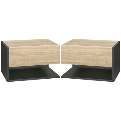 HOMCOM Floating Bedside Table Set of 2, Wall Mounted Bedside Cabinet with Drawer and Open Shelf, Modern Nightstand for Bedroom, 46 x 30 x 30 cm, Oak Tone 