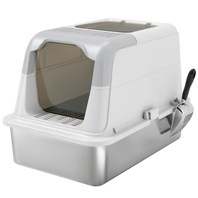 PawHut Extra Large Stainless Steel Litter Box, Enclosed Cat Litter Tray with Scoop, Deodorizer Bag, Front-Entry and Top-Exit 