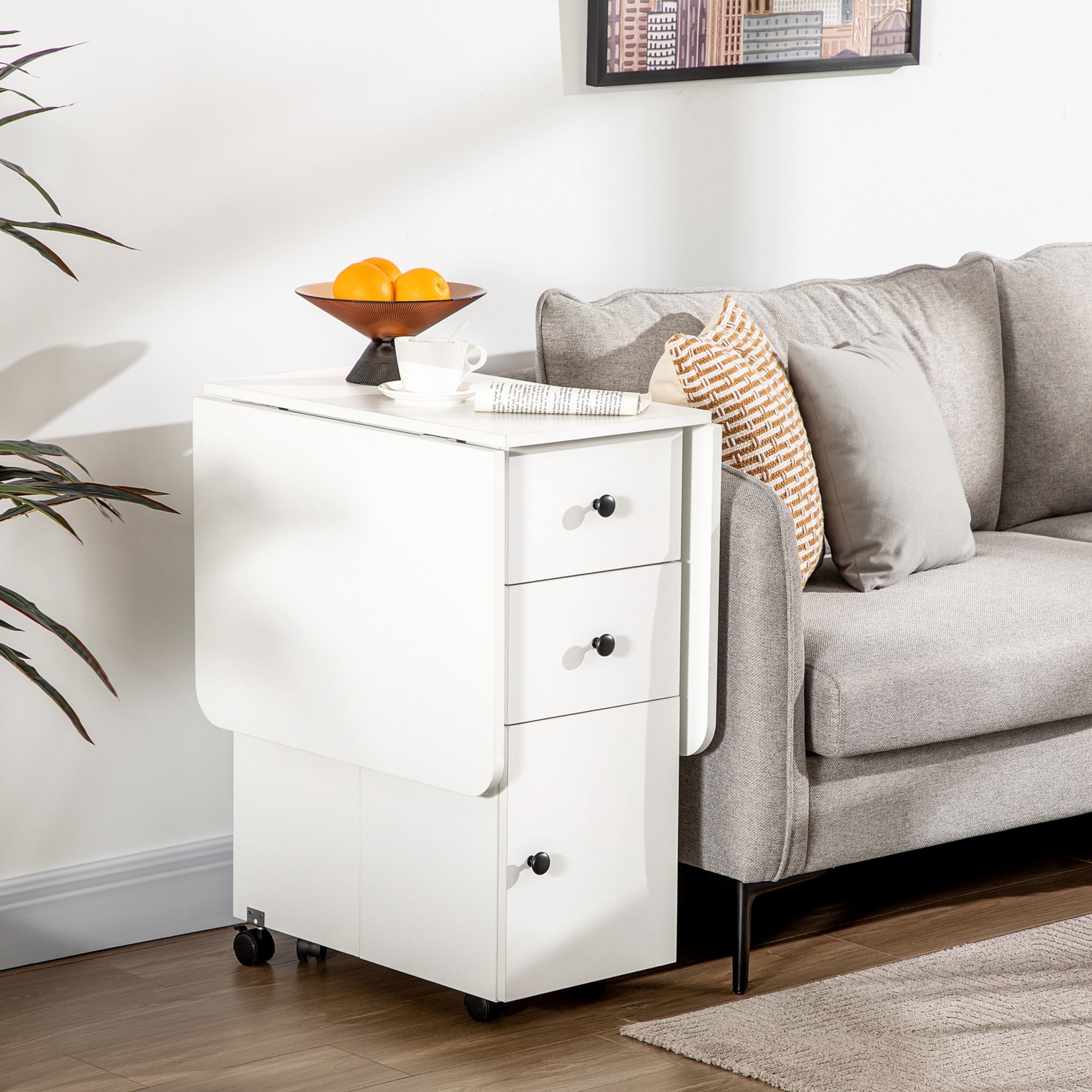 HOMCOM Multi-Storage Six-Person Drop Leaf Dining Table -  White