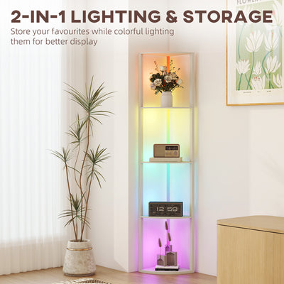 HOMCOM RGB LED Floor Lamp with Shelves, 5-Tier Dimmable Standing Lamp with Adjustable Brightness and Remote Control, Modern Corner Display Shelf Unit for Living Room Bedroom Office, Oak 