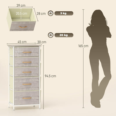 HOMCOM Chest of Five Fabric Drawers - Natural Wood Finish 