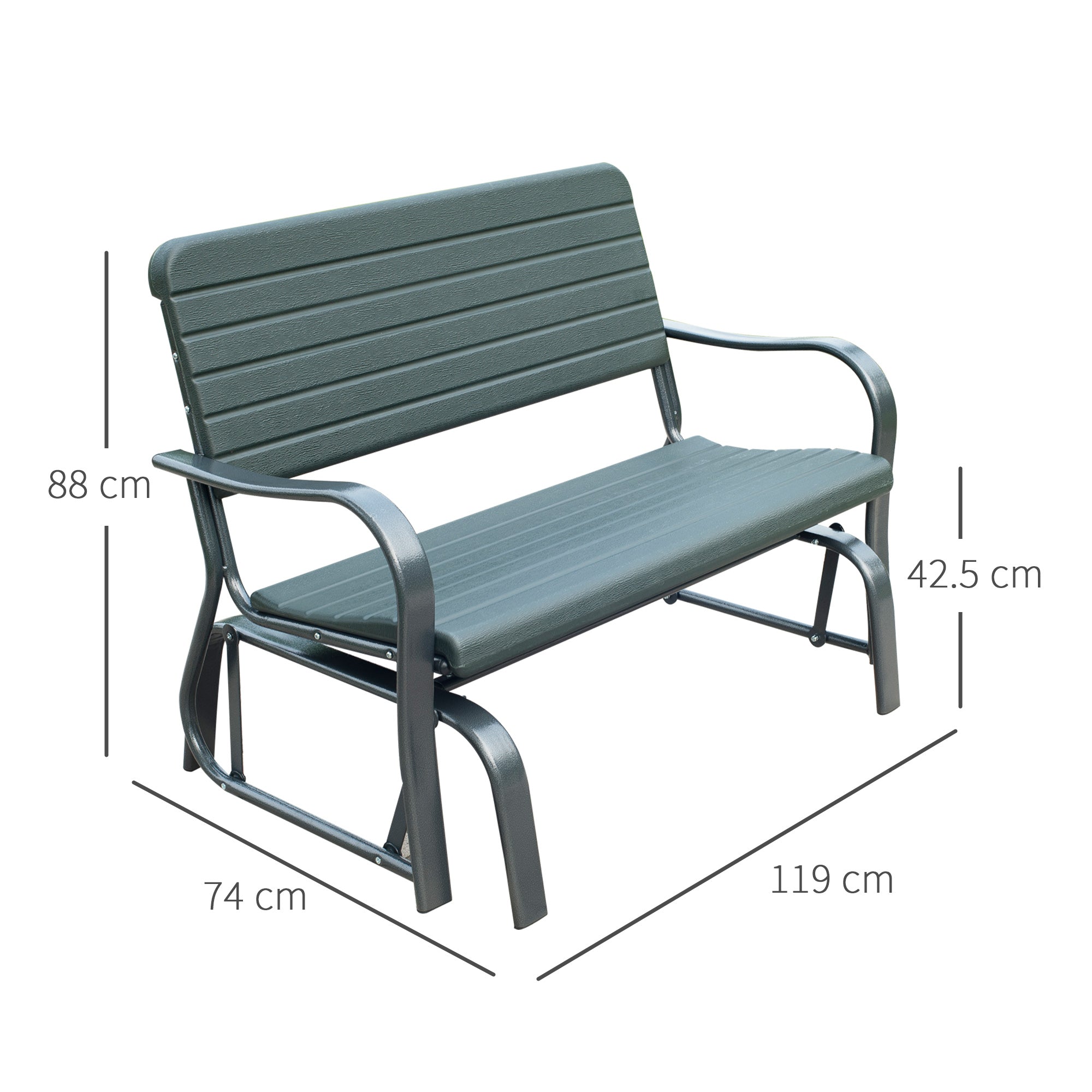 Outsunny 2 Seats Garden Glider Bench, Metal Frame and HDPE Swing Loveseat, Porch Rocking Glider for 2 Person with High Back and Armrest, Dark Green 