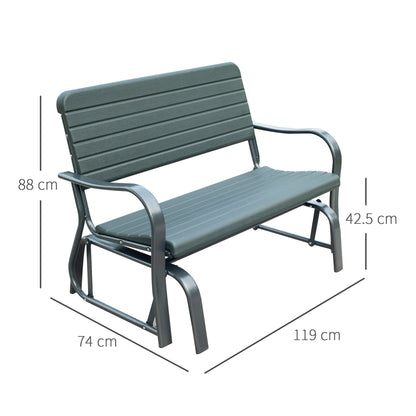 Outsunny 2 Seats Garden Glider Bench, Metal Frame and HDPE Swing Loveseat, Porch Rocking Glider for 2 Person with High Back and Armrest, Dark Green 