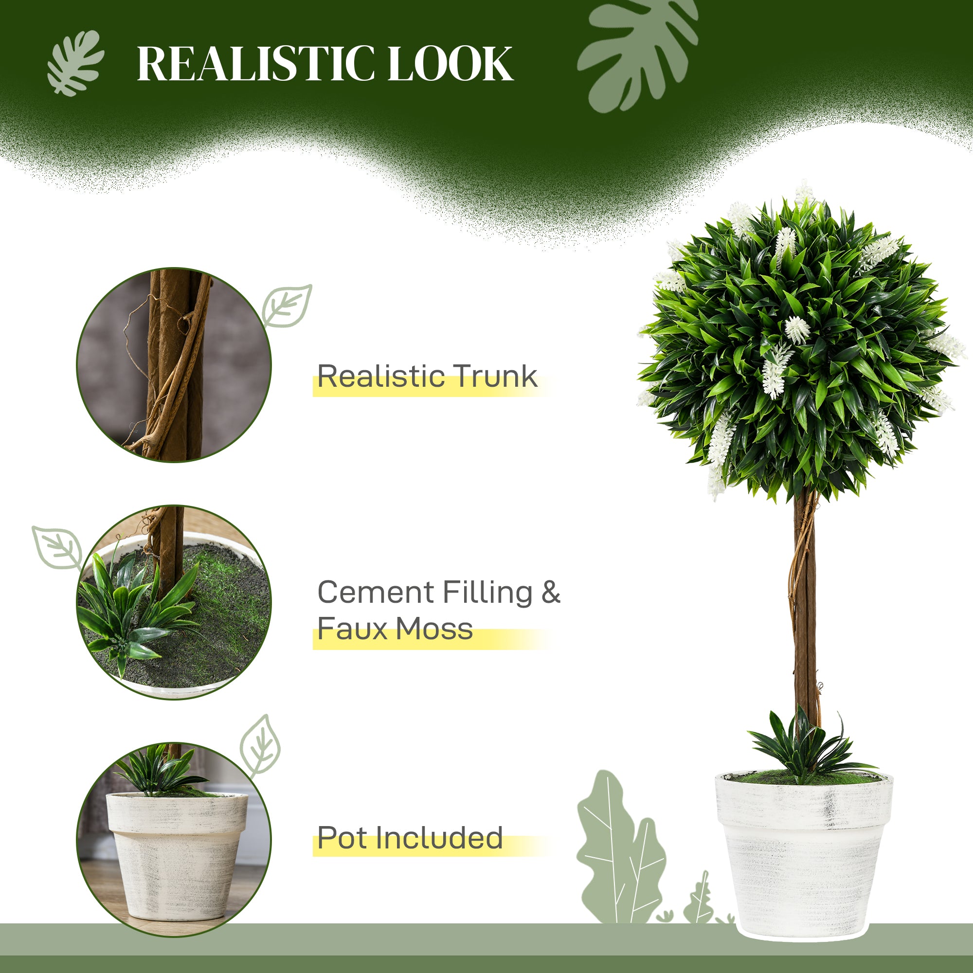 HOMCOM Set of 2 Decorative Artificial Plants Ball Trees with Flower for Home Indoor Outdoor Decor, 60cm ,White