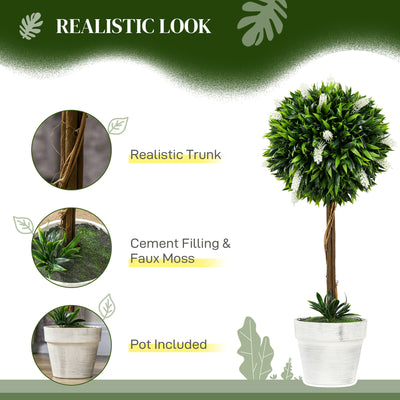 HOMCOM Set of 2 Decorative Artificial Plants Ball Trees with Flower for Home Indoor Outdoor Decor, 60cm ,White 