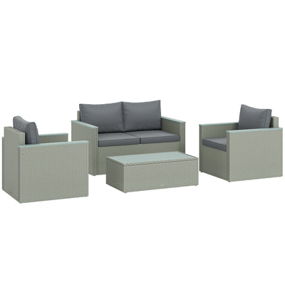Outsunny 4 Piece Rattan Garden Furniture Set, 4 Seater Wicker Outdoor Sofa Set with 2 Armchairs, Loveseat, Acacia Wood Top Coffee Table, Cushions, Patio Conservatory Set for Balcony, Light Grey 