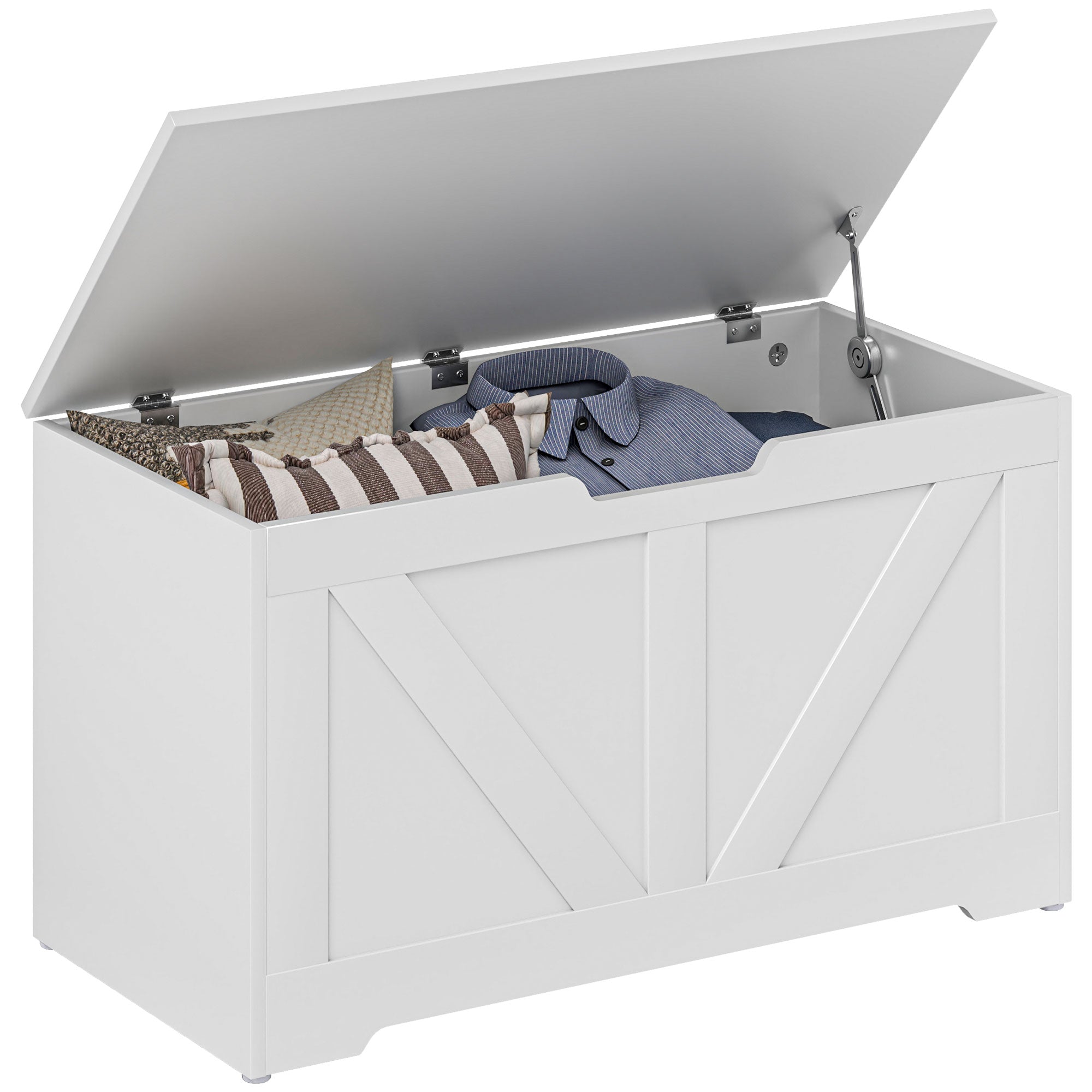 HOMCOM 100L Home Storage Box, with Safety Hinges - White Wood-Effect 