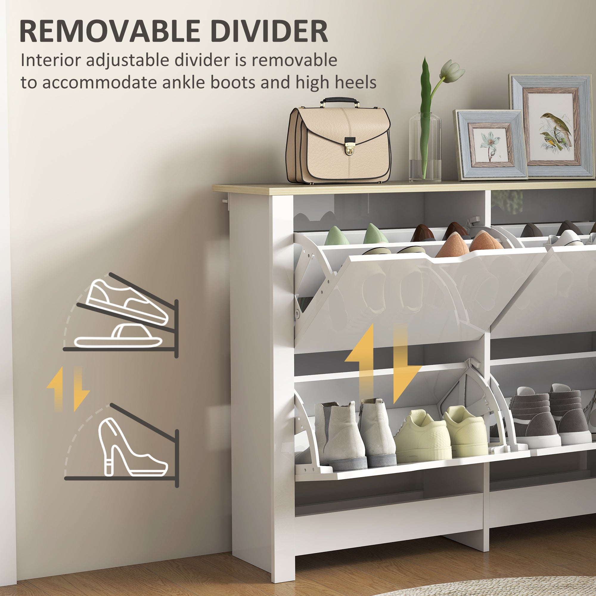 HOMCOM Slim Shoe Cabinet, Narrow Shoe Cupboard with 4 Flip Drawers, Adjustable Shelves for 16 Pairs of Shoes, White 