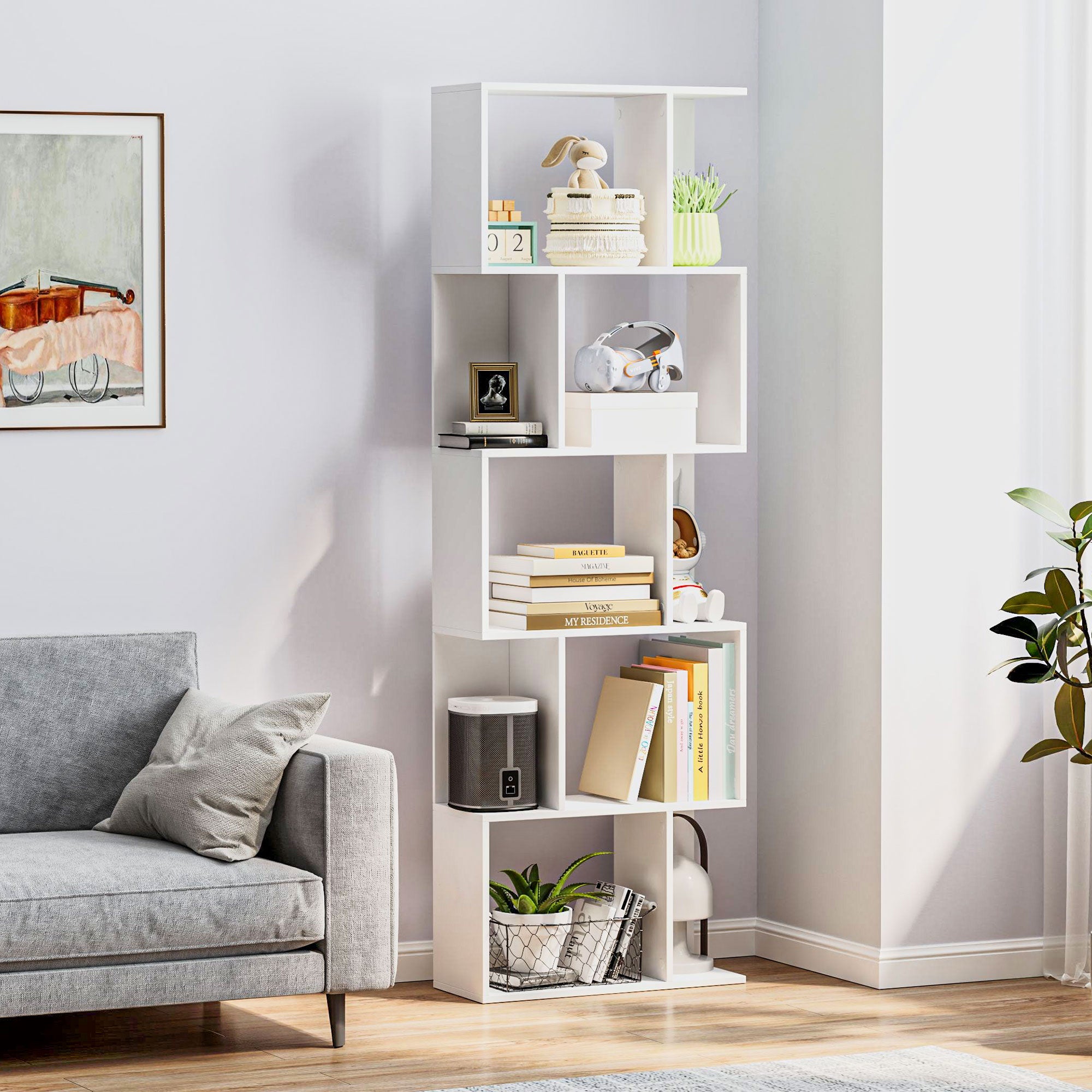 HOMCOM Bookcase, S-Shaped Wooden Bookshelf, 5 Tiers Freestanding Storage Shelf, Home Office Display Stand Rack, White 