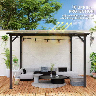 Outsunny 3 x 3(m) Metal Pergola with UPF 50+ and Waterproof Polycarbonate Roof, Wall-Mounted or Free Standing Garden Gazebo, Wind-resistant Outdoor Sun Shade, Dark Grey 