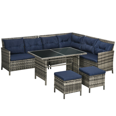Outsunny 7-Seater Patio wicker Sofa Set Rattan Chair Furniture w/ Glass & Cushioned, Dark Blue 