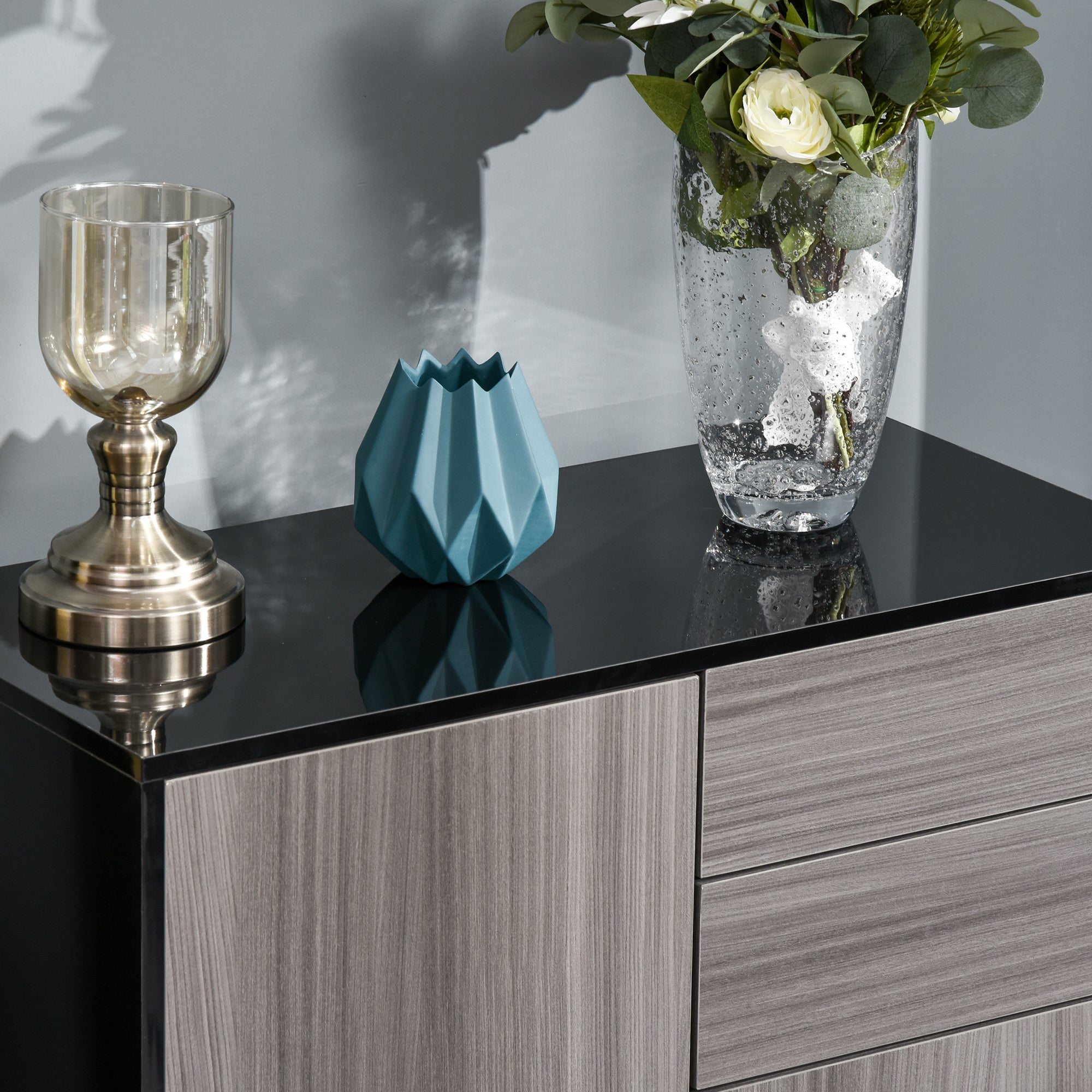 HOMCOM High Gloss Frame Sideboard, Push-Open Design with 2 Drawer for Living Room, Bedroom, 74H x 79W x 36Dcm, Light Grey and Black 