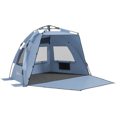 Outsunny 2-3 Person Pop Up Beach Tent, UPF15+ Sun Shelter with Extended Floor, Sandbags, Mesh Windows and Carry Bag, Light Blue 