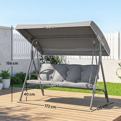 Outsunny 3 Seater Garden Swing Chair, Patio Rocking Bench with Tilting Canopy, Removable Cushion and Steel Frame, Dark Grey 