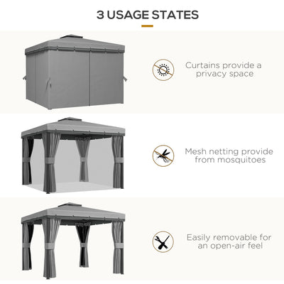 Outsunny 3 x 3(m) Patio Gazebo Canopy Garden Pavilion Tent Shelter Marquee with 2 Tier Roof, Netting and Curtains, Light Grey 