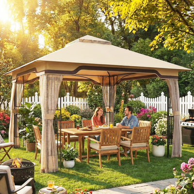 Outsunny 3.3 x 3.3 m Outdoor Garden Gazebo with Post Shelves, UPF50+ Patio Permanent Pavilion with Hook, Khaki 