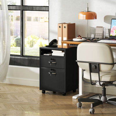 HOMCOM 60cm Filing Cabinet with Drawer, Open Shelf, Metal Handles and 4 Wheels, Office Home Organiser Mobile Printer with Two Locks, Black 