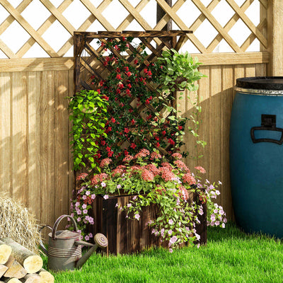 Outsunny Wooden Planter with Trellis, Freestanding Raised Garden Bed with Drainage Holes, Outdoor Planter Box with Liner for Vegetables, Herbs and Flowers, Carbonised 