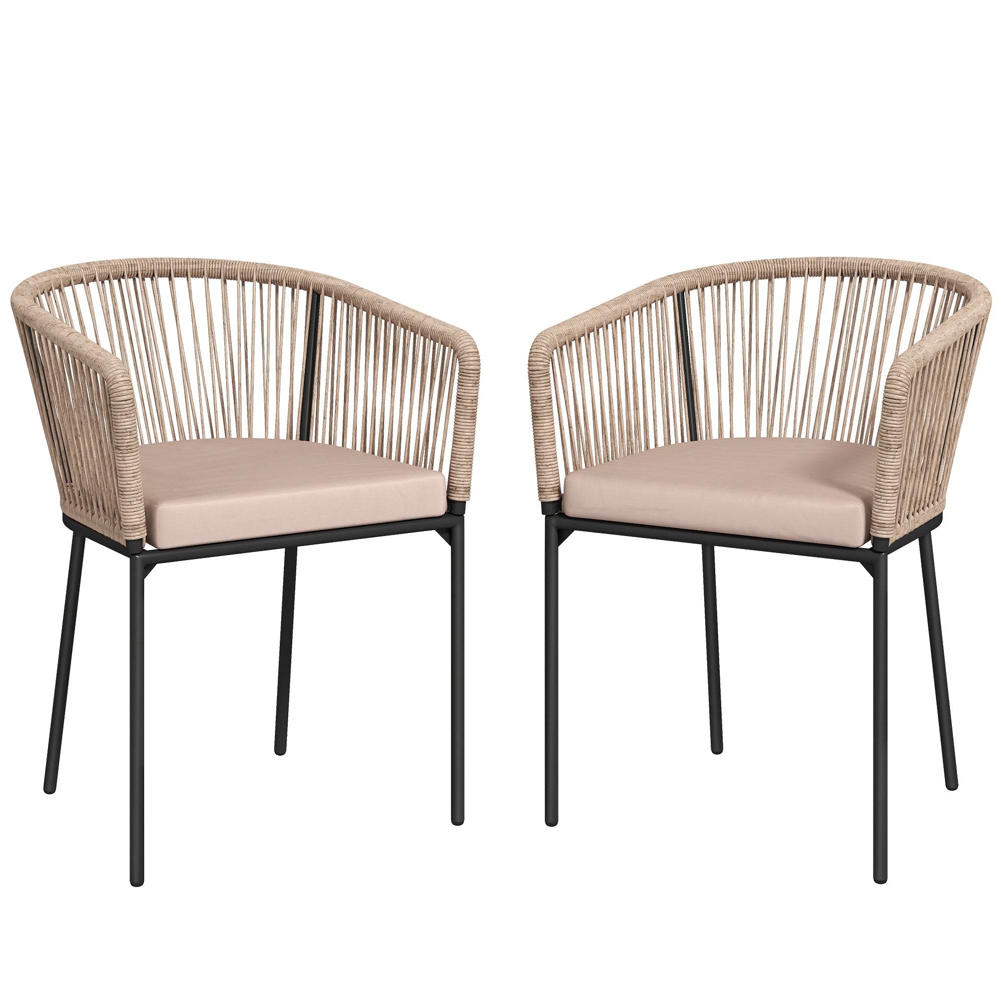 Outsunny Garden Chairs Set of 2, Rattan Garden Dining Chairs with String Back Armrests, Cushions, Natural Wood Finish 