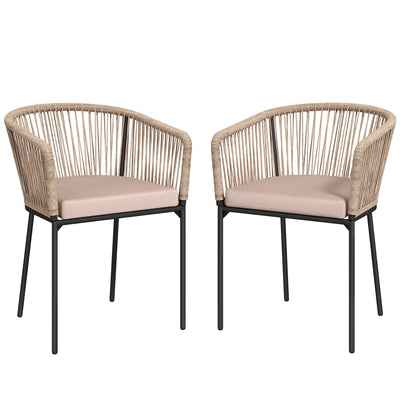 Outsunny Garden Chairs Set of 2, Rattan Garden Dining Chairs with String Back Armrests, Cushions, Natural Wood Finish 
