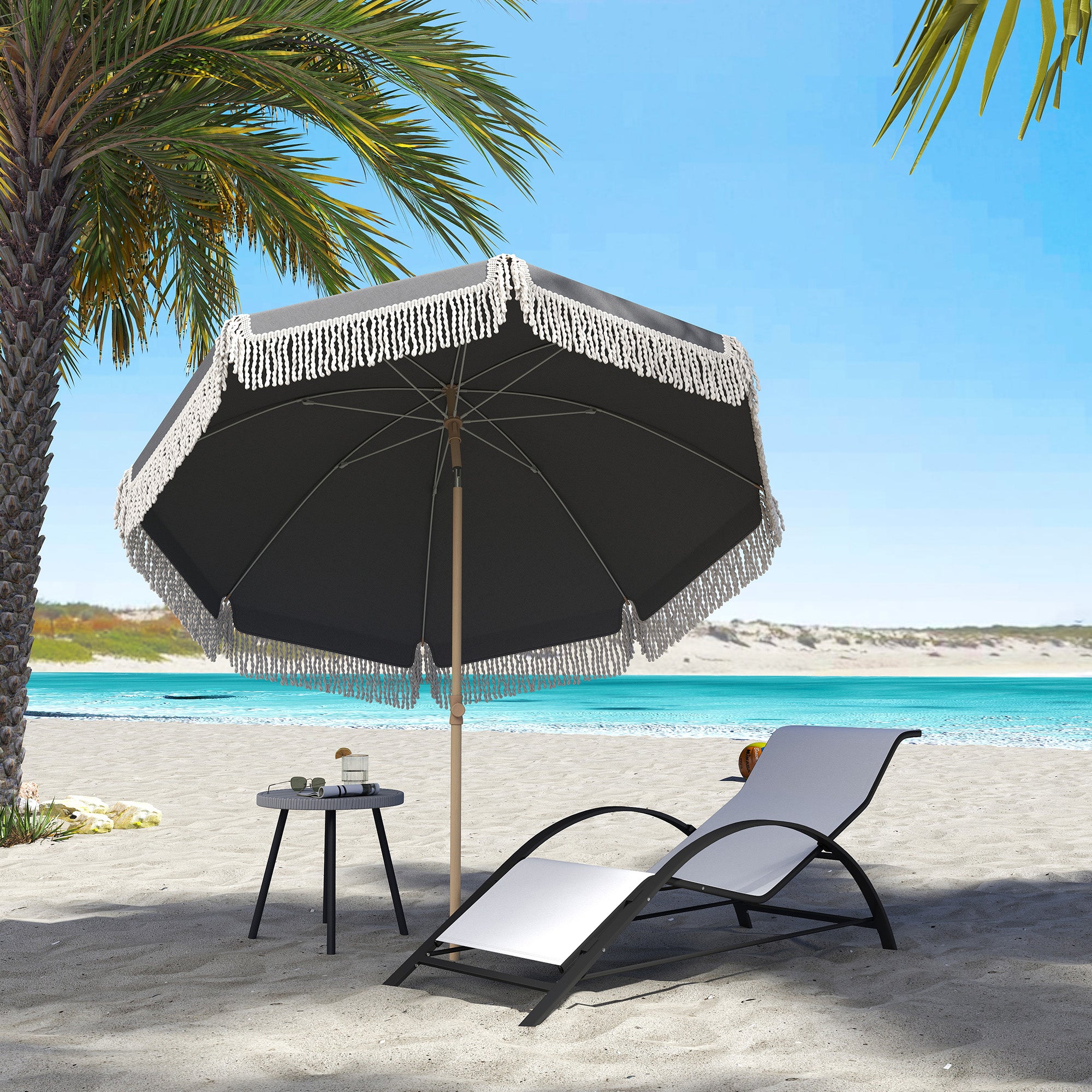 Outsunny 1.7 m Beach Umbrella with Sand Anchor, 30° Tilting Fringed Beach Garden Parasol with Adjustable Height, Grey 