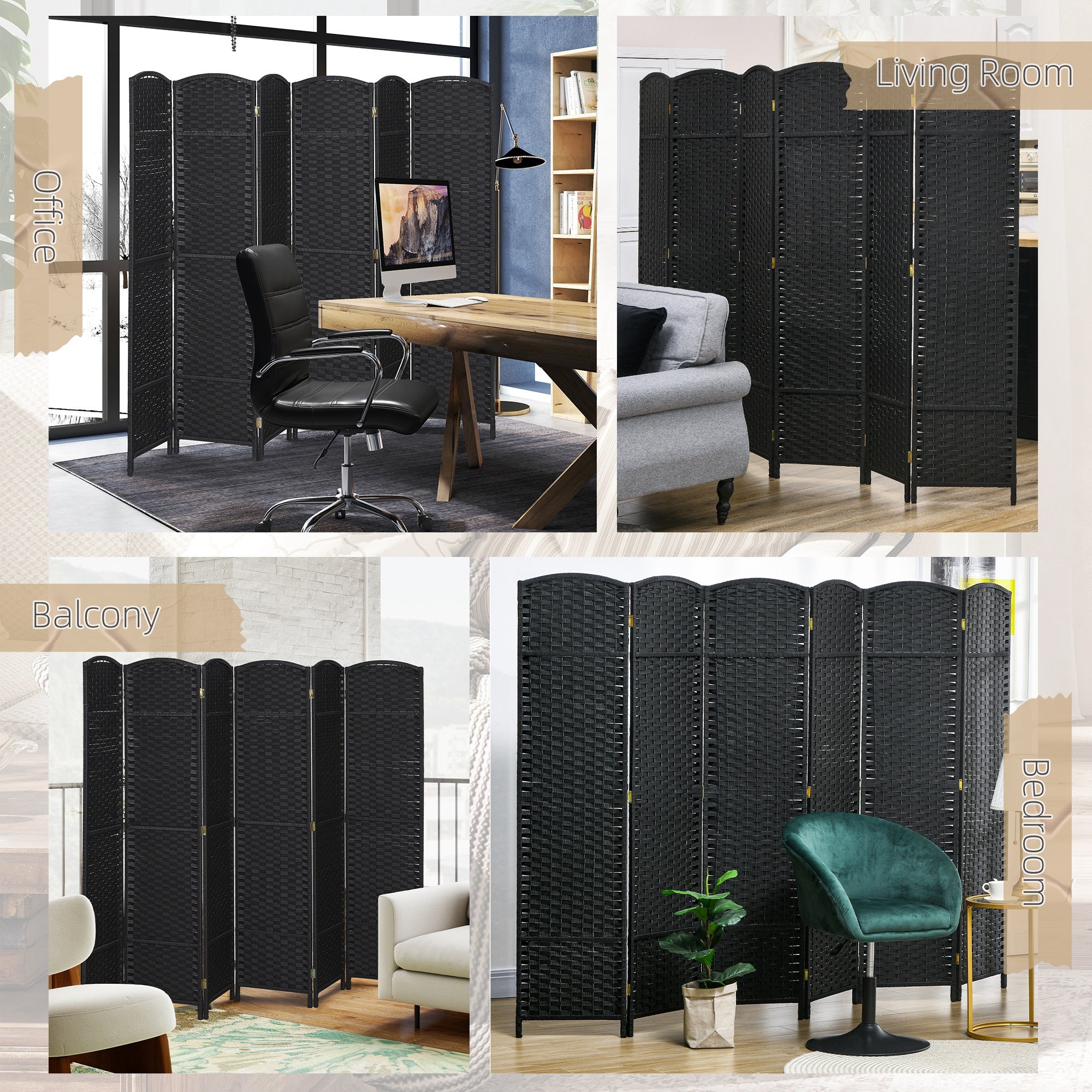 HOMCOM 6 Panel Folding Room Divider, Freestanding Privacy Screen for Living Room, Bedroom and Office, 240 x 170cm, Black 