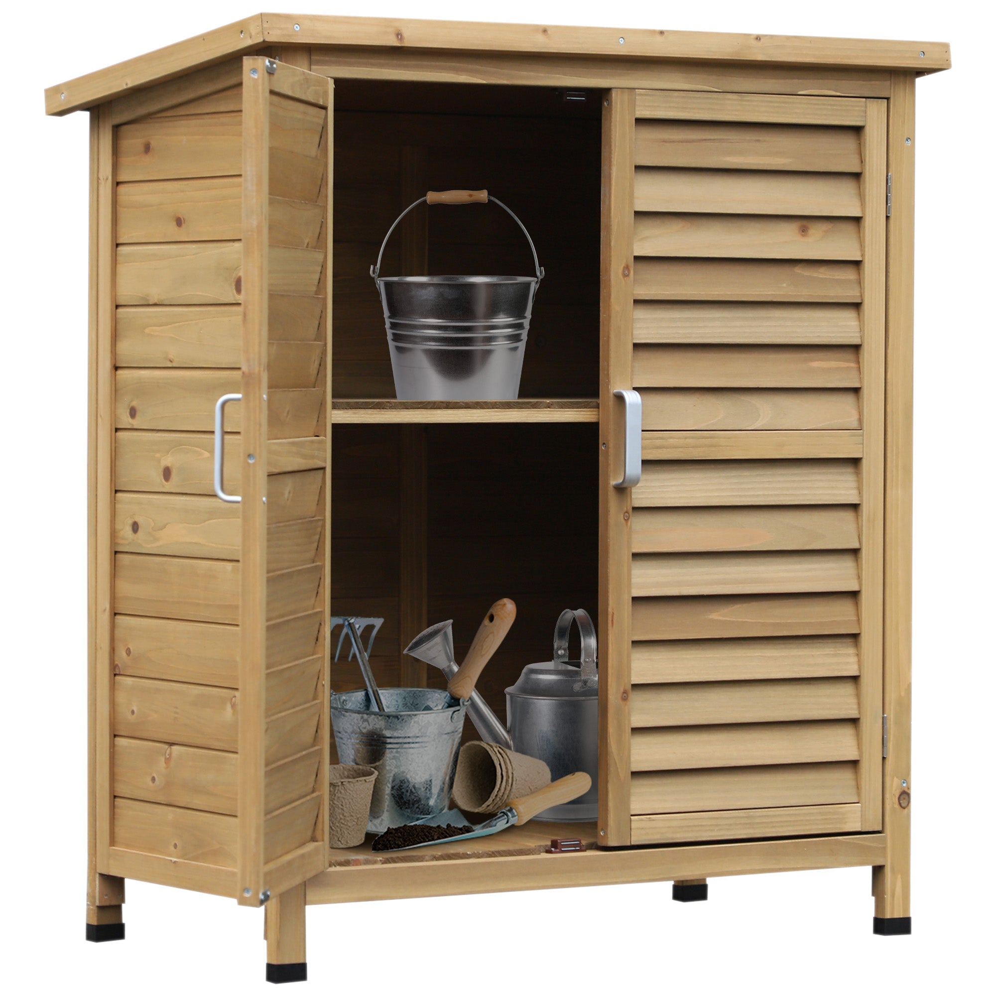 Outsunny Garden Shed Wooden Garden Storage Shed 2 Door Unit Solid Fir Wood Garage Tool Organisation Cabinet, 87L x 46.5W x 96.5Hcm, Natural 