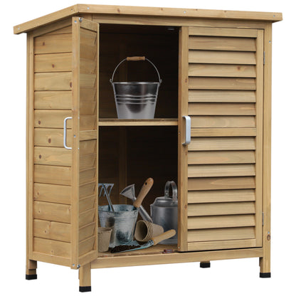 Outsunny Garden Shed Wooden Garden Storage Shed 2 Door Unit Solid Fir Wood Garage Tool Organisation Cabinet, 87L x 46.5W x 96.5Hcm, Natural 