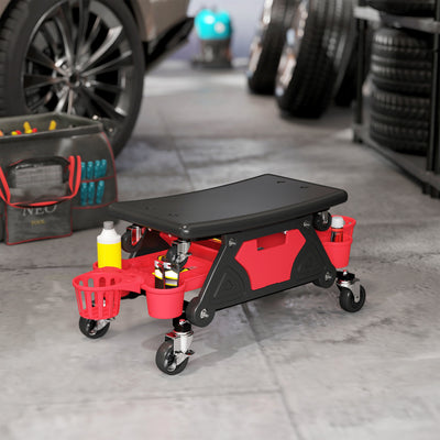 HOMCOM Rolling Mechanic Stool, 135kg Capacity Workshop Stool with 360° Swivel Wheels, Roller Creeper Seat with Slide Out Tool Trays, Drawer, Bottle Holders for Garage, Shop, Auto Repair, Red 