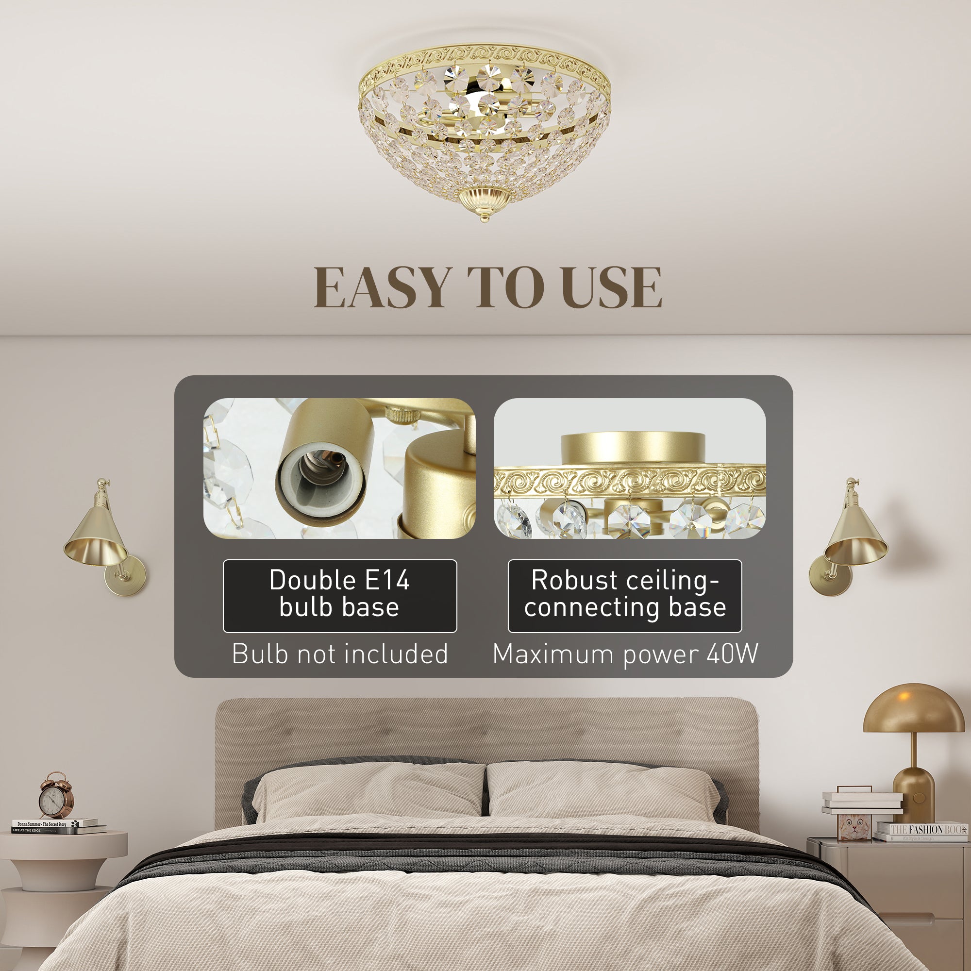 HOMCOM Crystal Chandelier Ceiling Light with 168 Octagonal Beads, Vintage 2-Light Flush Mount Ceiling Light for Living Room, Bedroom, Hallway, Dining Room, Gold Tone 