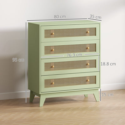HOMCOM Chest of Drawers, 4-Drawer Storage Organiser Unit with Rattan Element for Bedroom, Living Room, Light Green 