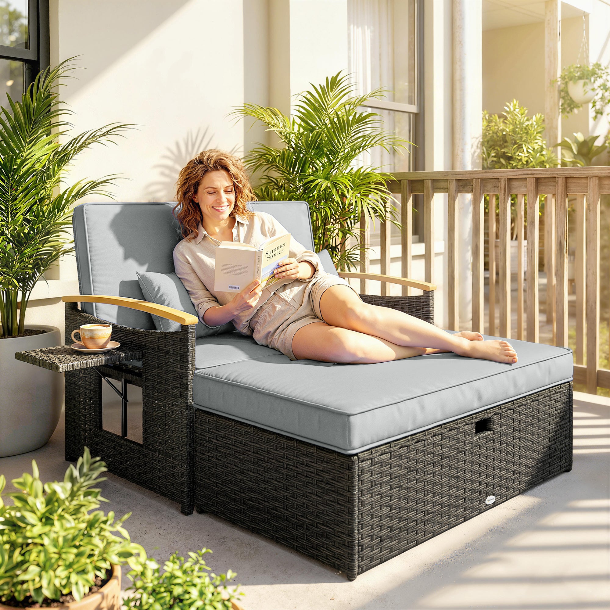 Outsunny Double Garden Rattan Daybed, Wicker Sun Bed Chaise Lounger with Storage Ottoman, 4-Level Adjustable Backrest, Dark Grey 