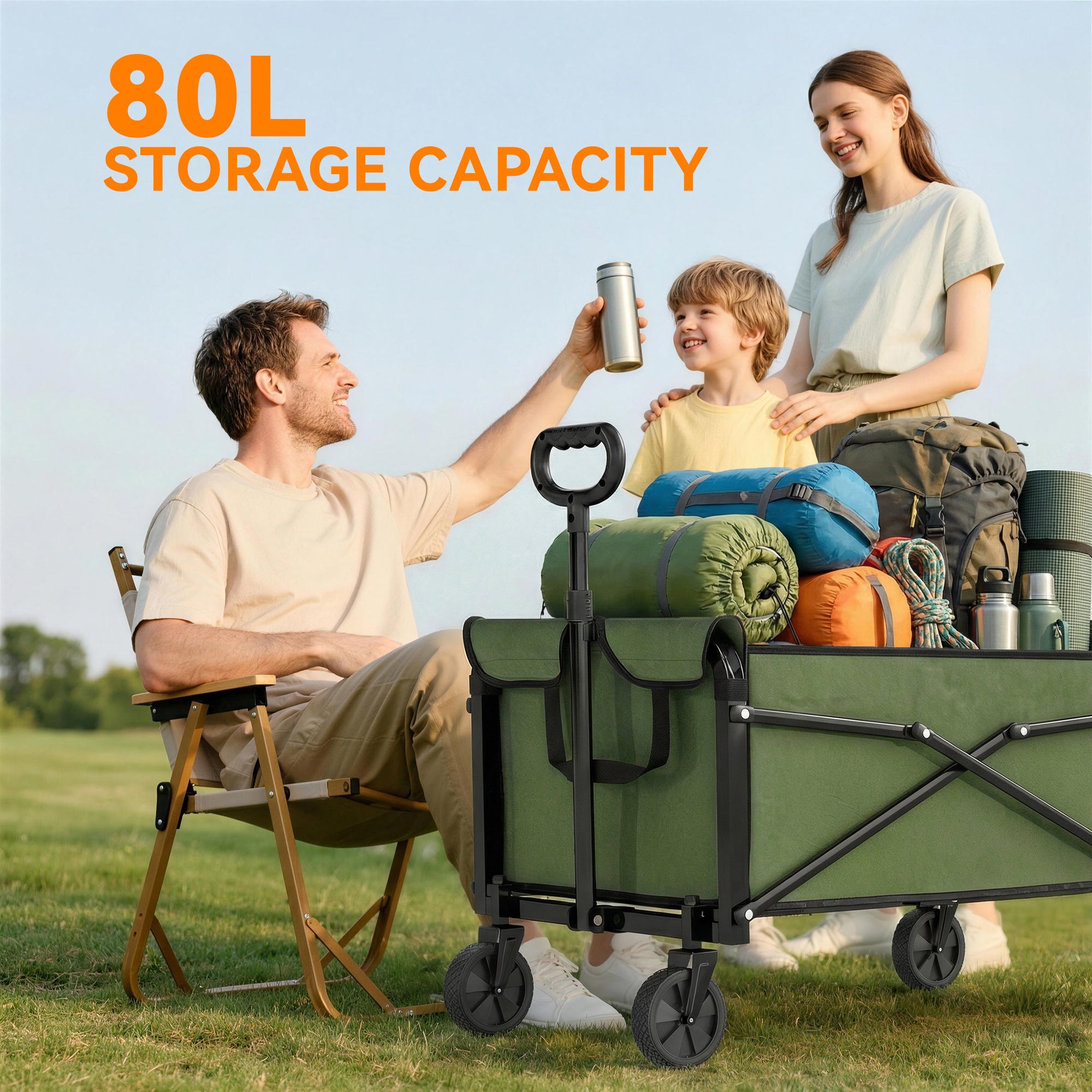 Outsunny 81L Festival Trolley on Wheels, Compact Garden Folding Trolley Cart with Adjustable Handle 80L Green 