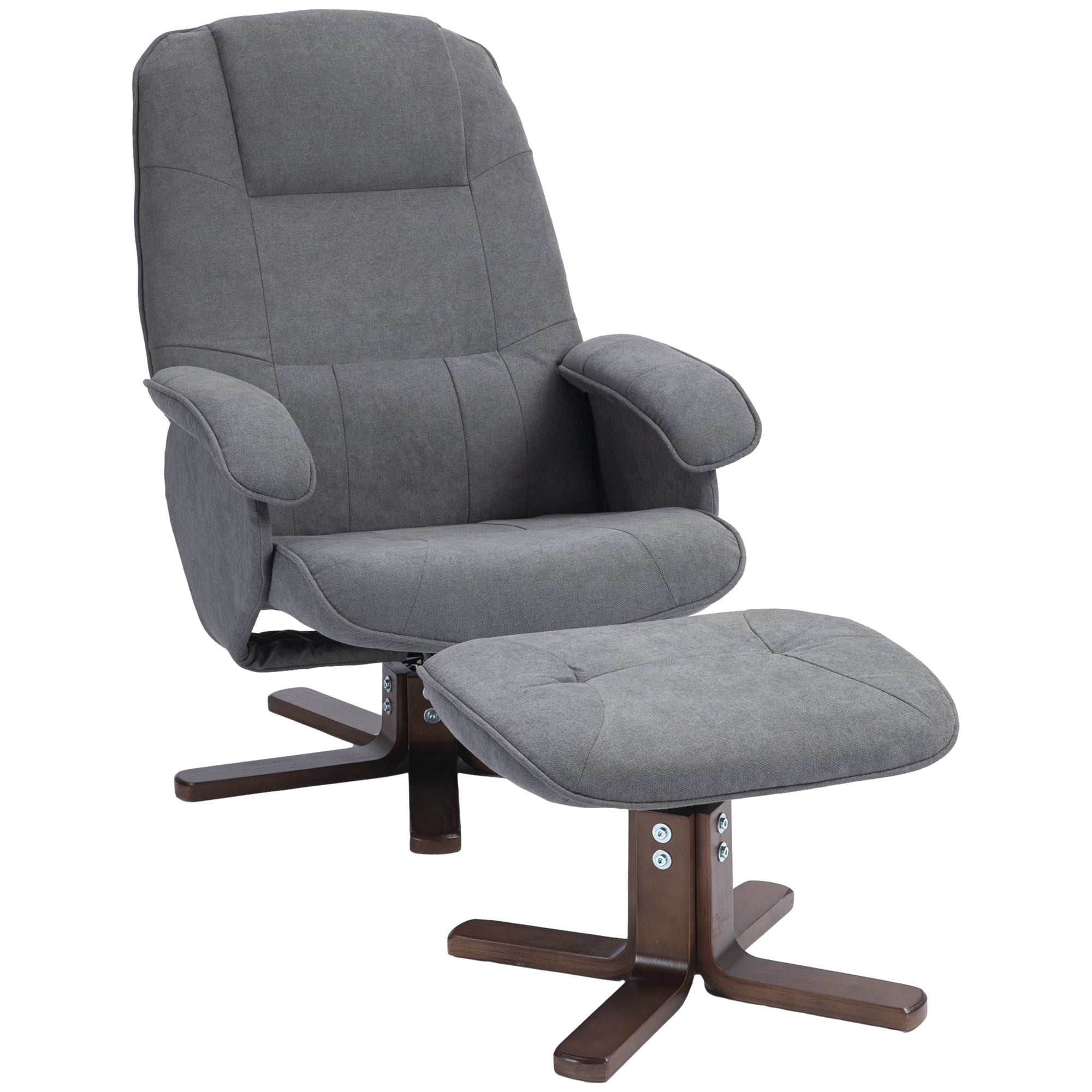 HOMCOM Linen Swivel Recliner Chair with Footstool, Upholstered Reclining Armchair with Wooden Base for Living Room, Grey 