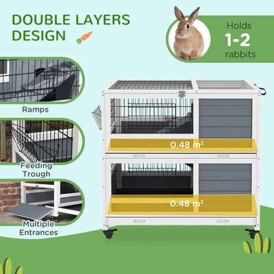 PawHut Double Deckers Guinea Pig Cage, Indoor Rabbit Hutch with Feeding Trough, Trays, Ramps, Openable Top - Grey 