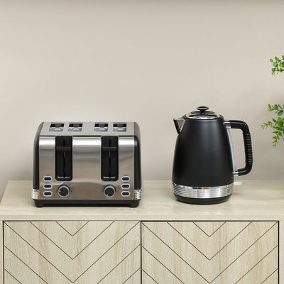 HOMCOM Stainless Steel Kettle and Toaster Set, 1.7L 3000W Rapid Boil Jug Kettle with UK Strix Thermostat, Limescale Filter, 4 Slice Toaster with 7 Browning Controls, Crumb Tray, Black and Silver Tone 