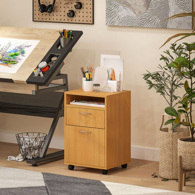 HOMCOM 60cm Filing Cabinet with Drawer, Open Shelf, Metal Handles and 4 Wheels, Office Home Organiser Mobile Printer, Natural Wood Finish 