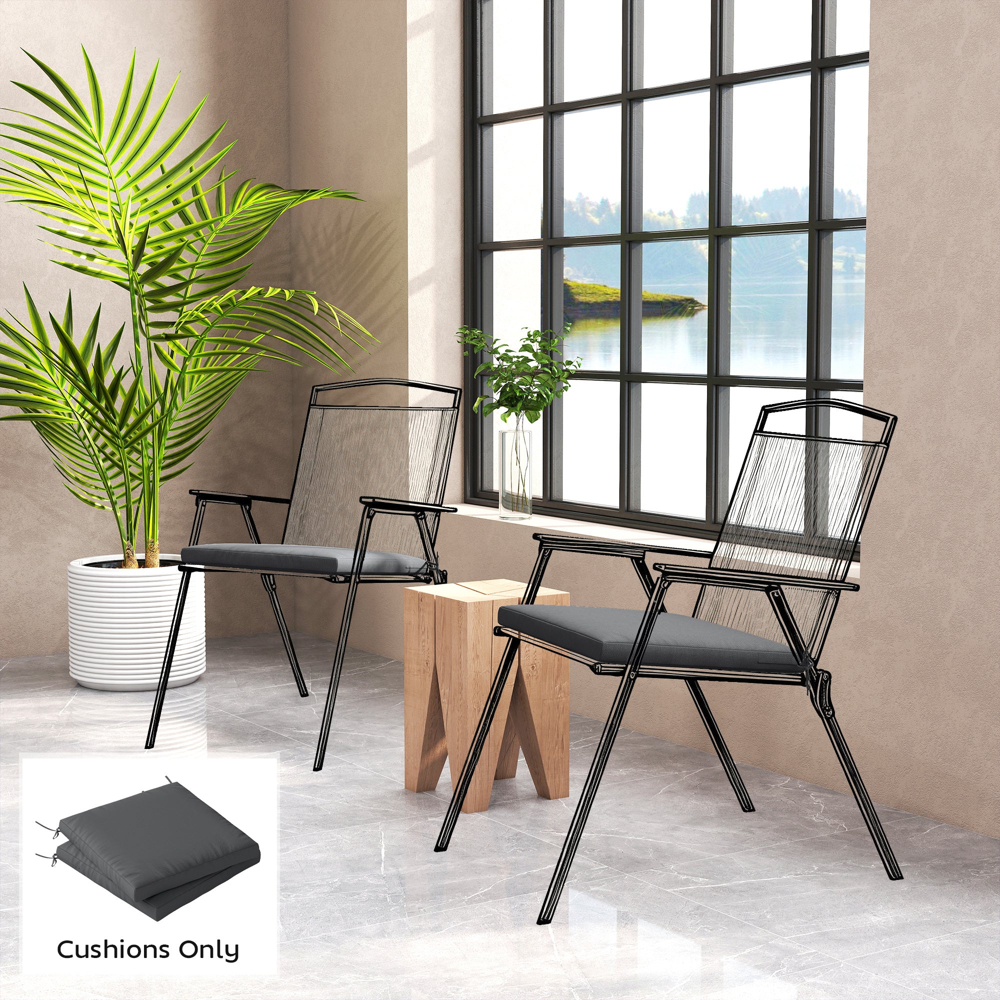 Outsunny Outdoor Seat Cushions Set of 2 with Ties, Waterproof Garden Seat Pads, Dark Grey 