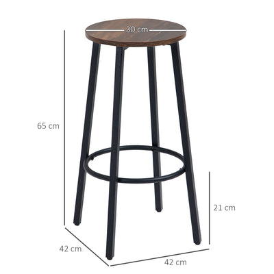 HOMCOM Bar Stools, Set of 2 Kitchen Breakfast Stools with Sturdy Steel Frame, Industrial Tall Bar Chairs, 65cm High Seat, Rustic Brown 