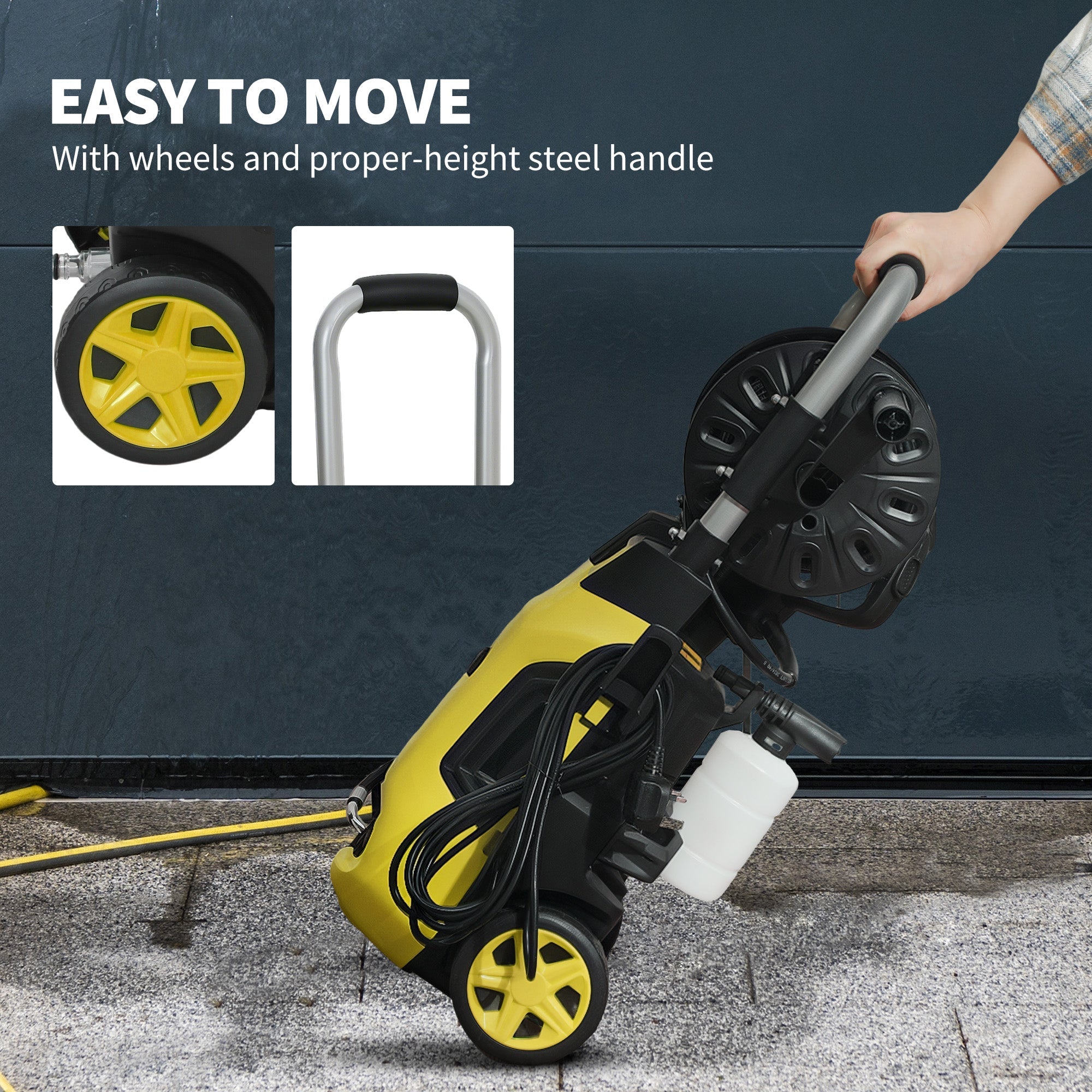 Outsunny 1800W High Pressure Washer, 150 Bar Pressure, 420 L/h Flow, Portable Power Washer Jet Wash Cleaner with Adjustable Nozzle, 6M Hose, Hose Reel, Steel Handle for Home Patio Car Driveway, Yellow 