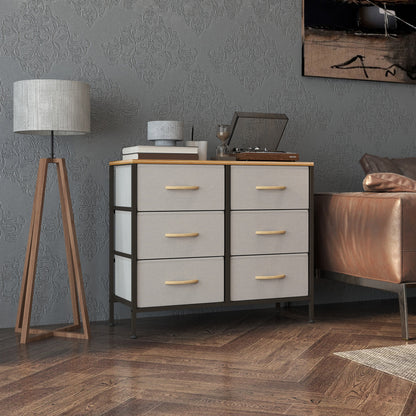 HOMCOM Fabric Chest of Drawers, Storage Drawers, Industrial Bedroom Dresser with 6 Fabric Drawers, Steel Frame and Wooden Top for Nursery, Living Room, Hallway, Cream White 