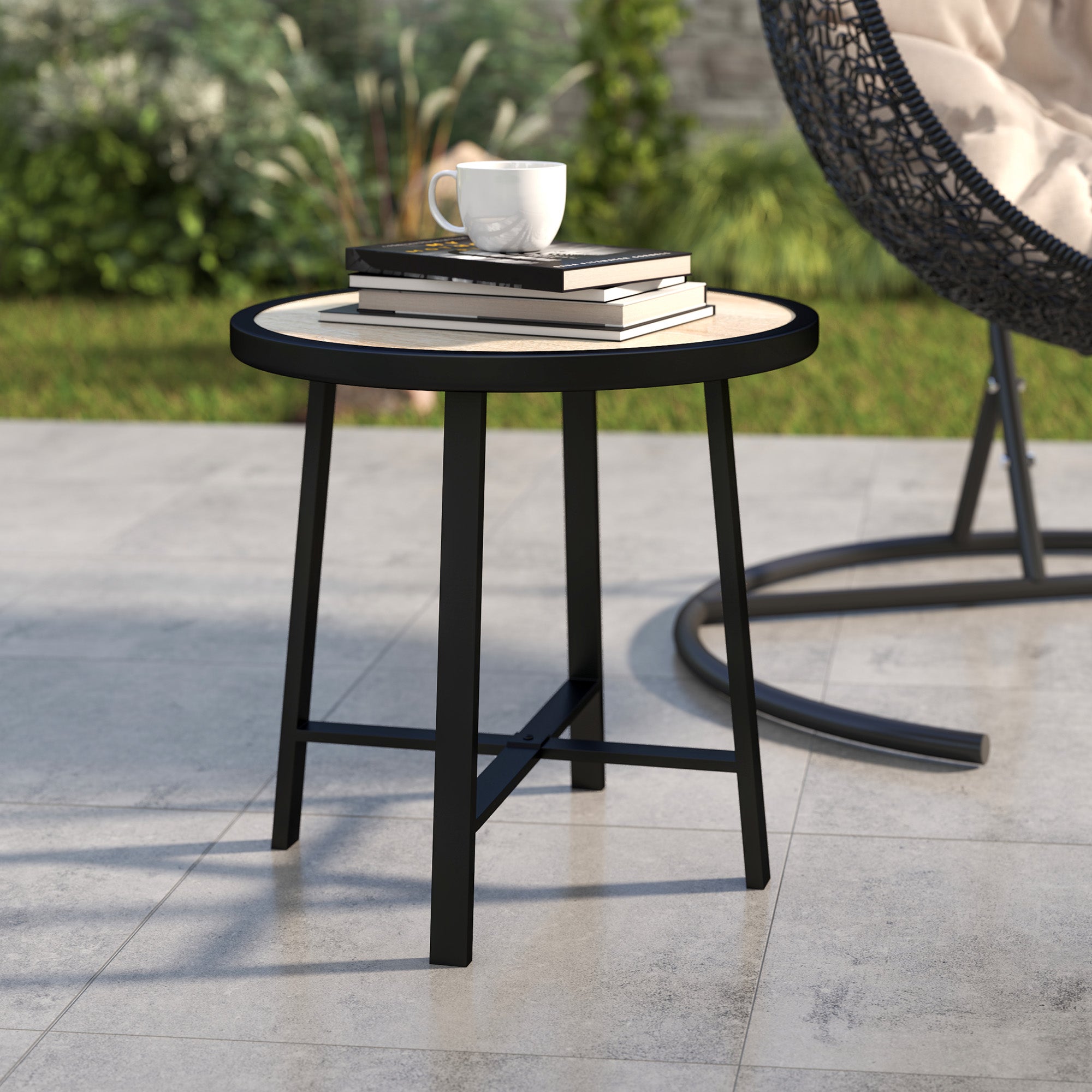 Outsunny Round Small Garden Table, 50.5cm Outdoor Side Table with SPC Tabletop, Metal Frame and Anti-slip Foot Pads for Garden, Balcony, Nature Wood Finish 