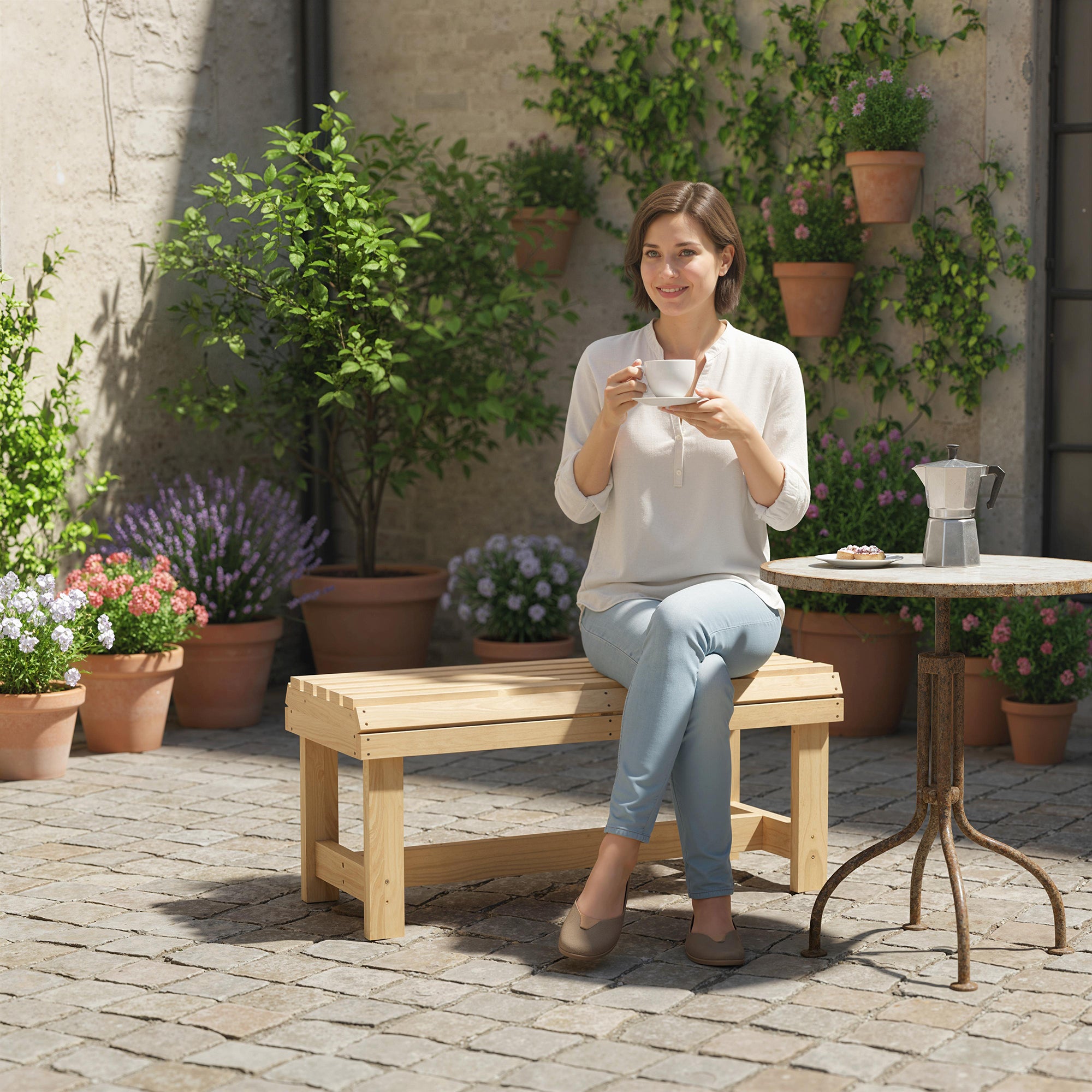 Outsunny Wooden Outdoor Bench, 2 Seater Garden Bench, Backless Patio Bench with Slatted Curved Seat, Natural Wood Finish 
